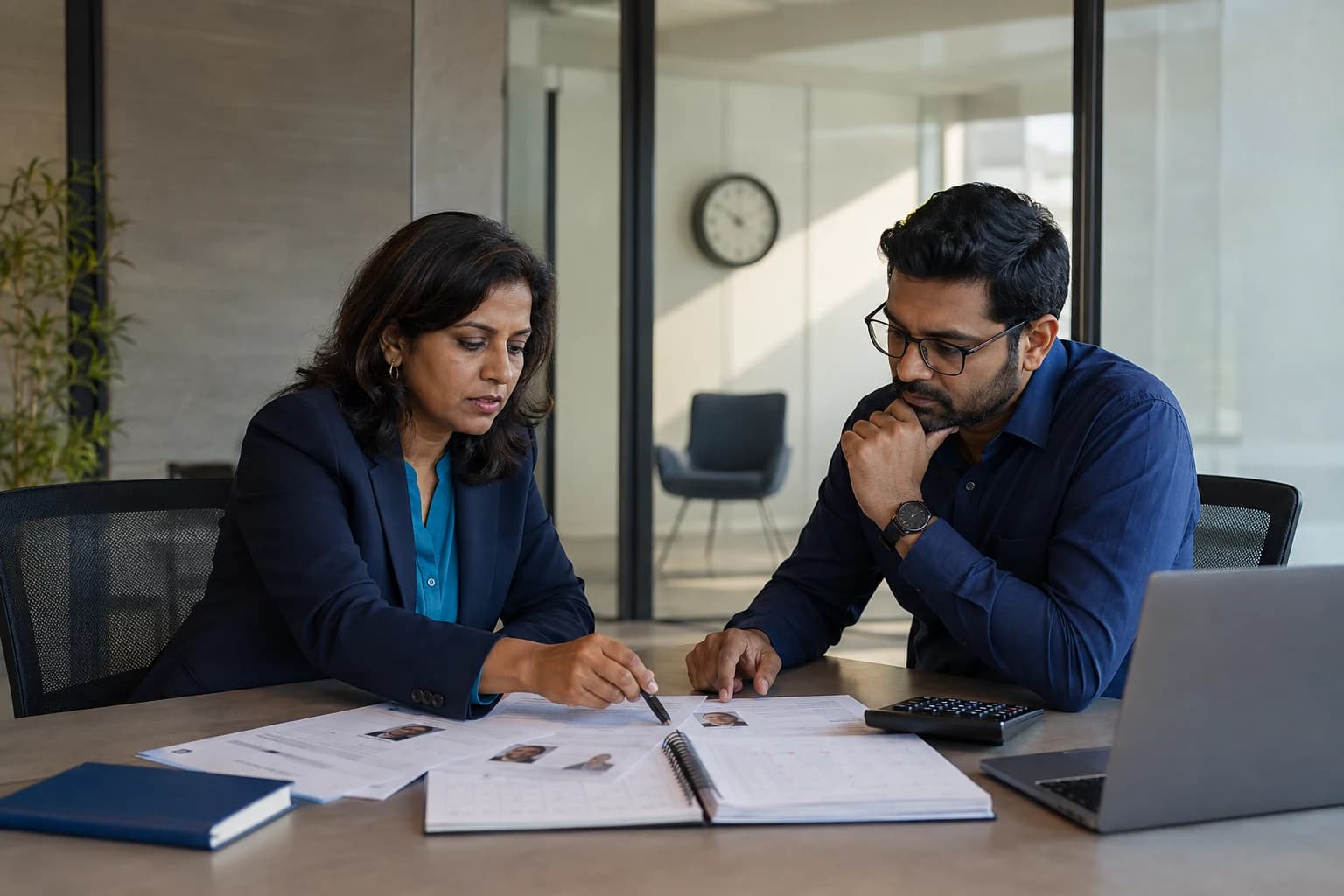 A Head of Talent and hiring manager reviewing candidate profiles, an interview calendar, and hiring costs together in a meeting room