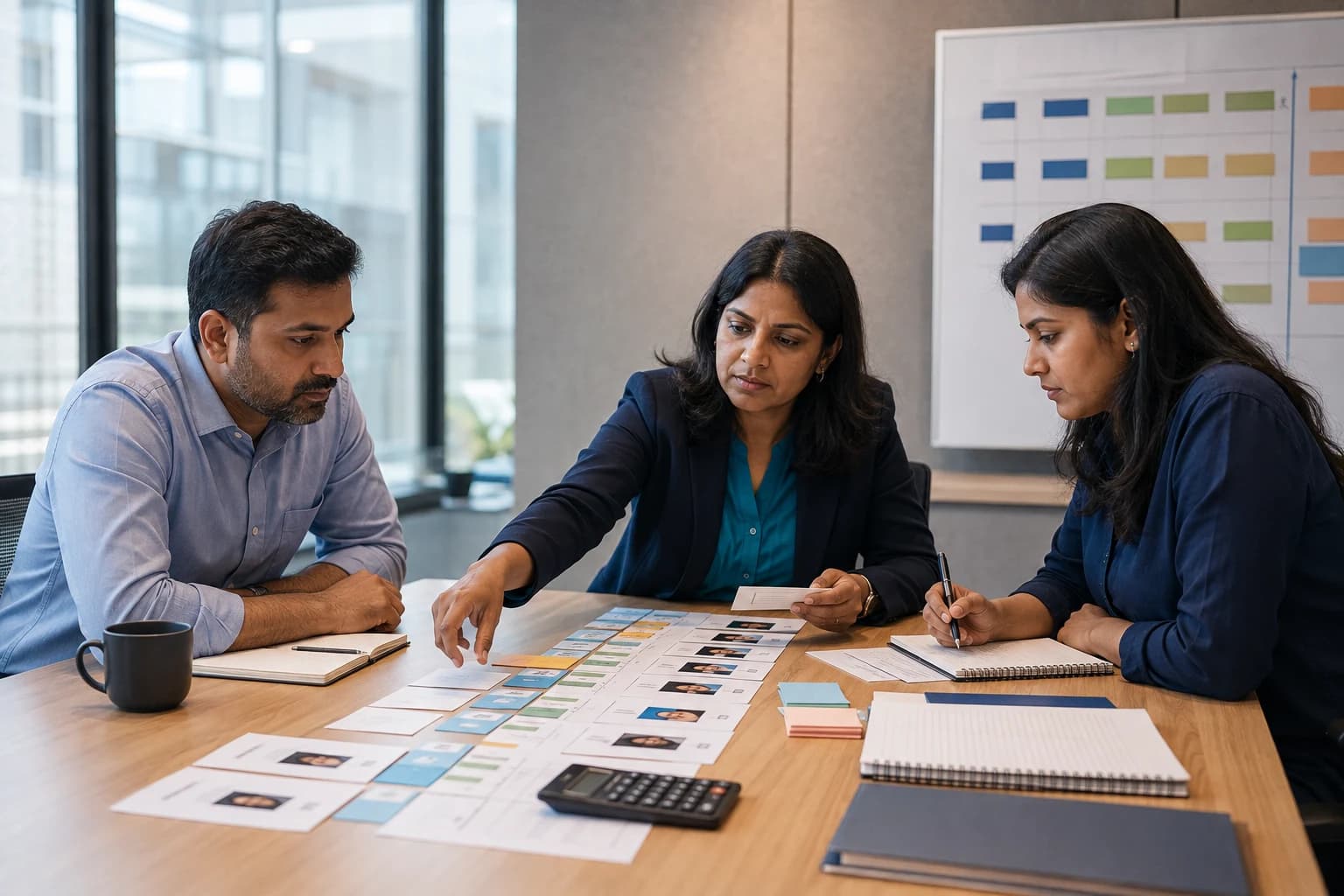 A talent operations team arranging candidate stages and interview planning materials while building a structured hiring model