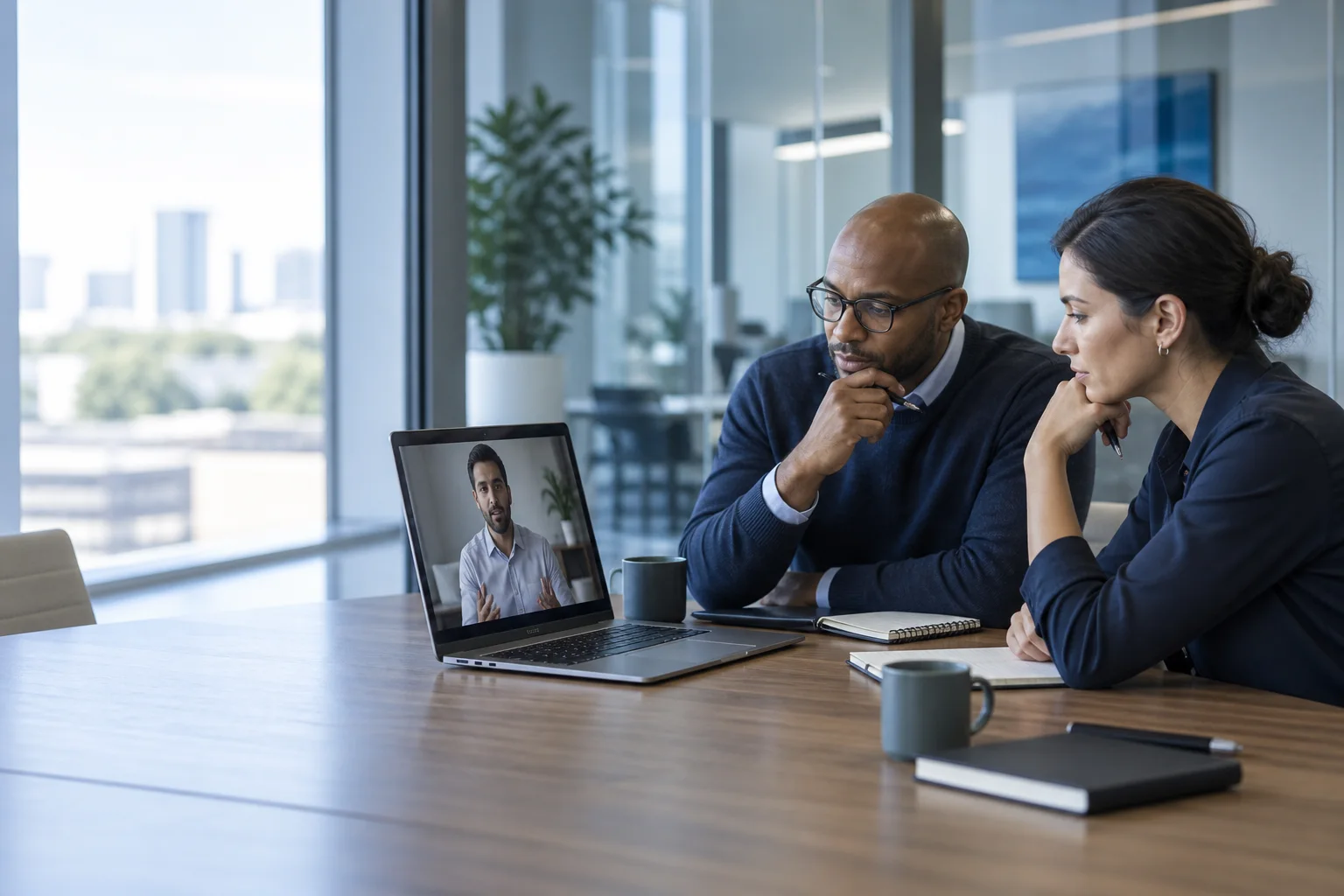 Hiring leaders reviewing a remote candidate interview together