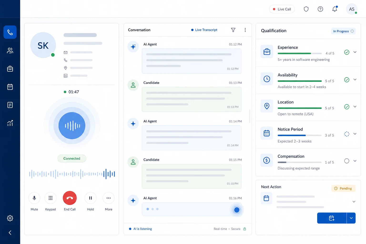 Live AI screening call with a connected candidate, a real-time transcript and qualification criteria filling in