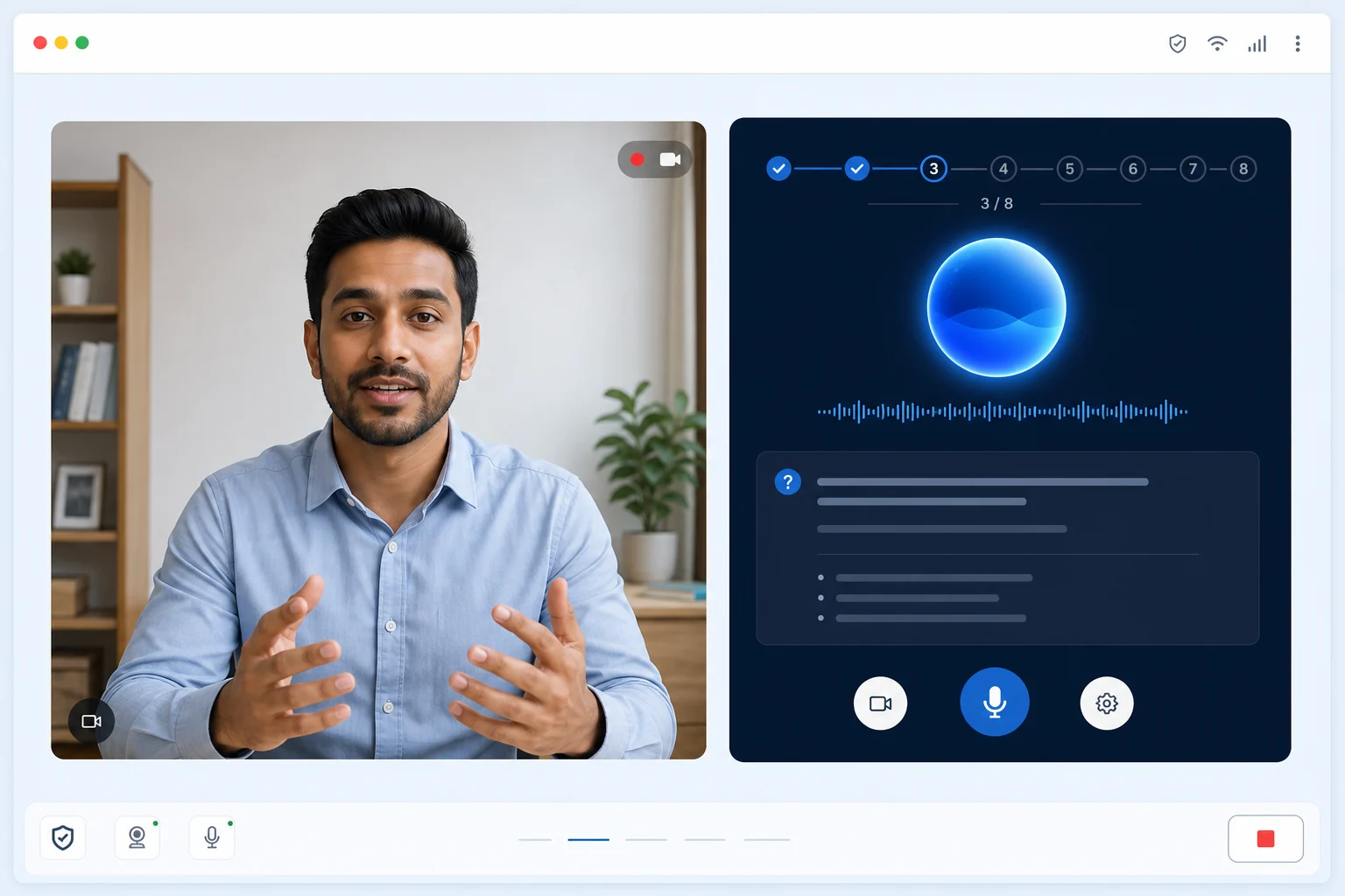 Candidate speaking in a live AI interview beside an adaptive question panel, audio waveform, and interview controls