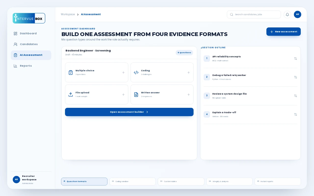 AI Assessment builder combining multiple-choice, coding, file, and written formats