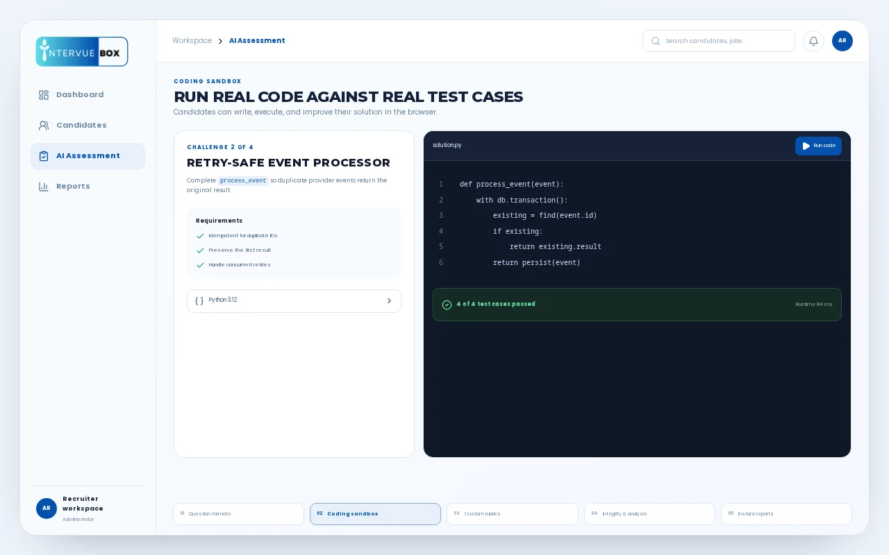 Browser coding sandbox running a Python solution against four automated test cases