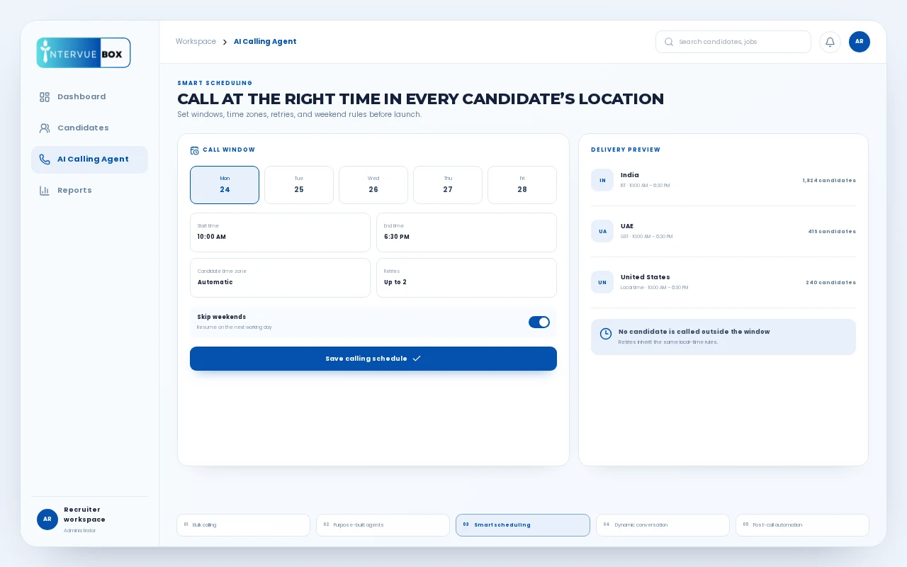 Candidate calling schedule with local time windows, retries, and weekend controls