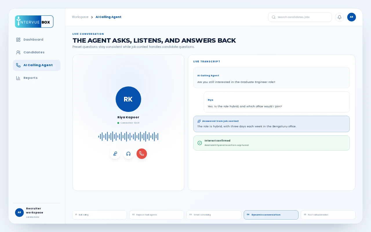 Live AI candidate call with a dynamic answer drawn from the job context