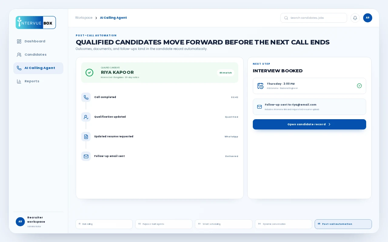 Post-call automation workflow qualifying a candidate and booking the next interview