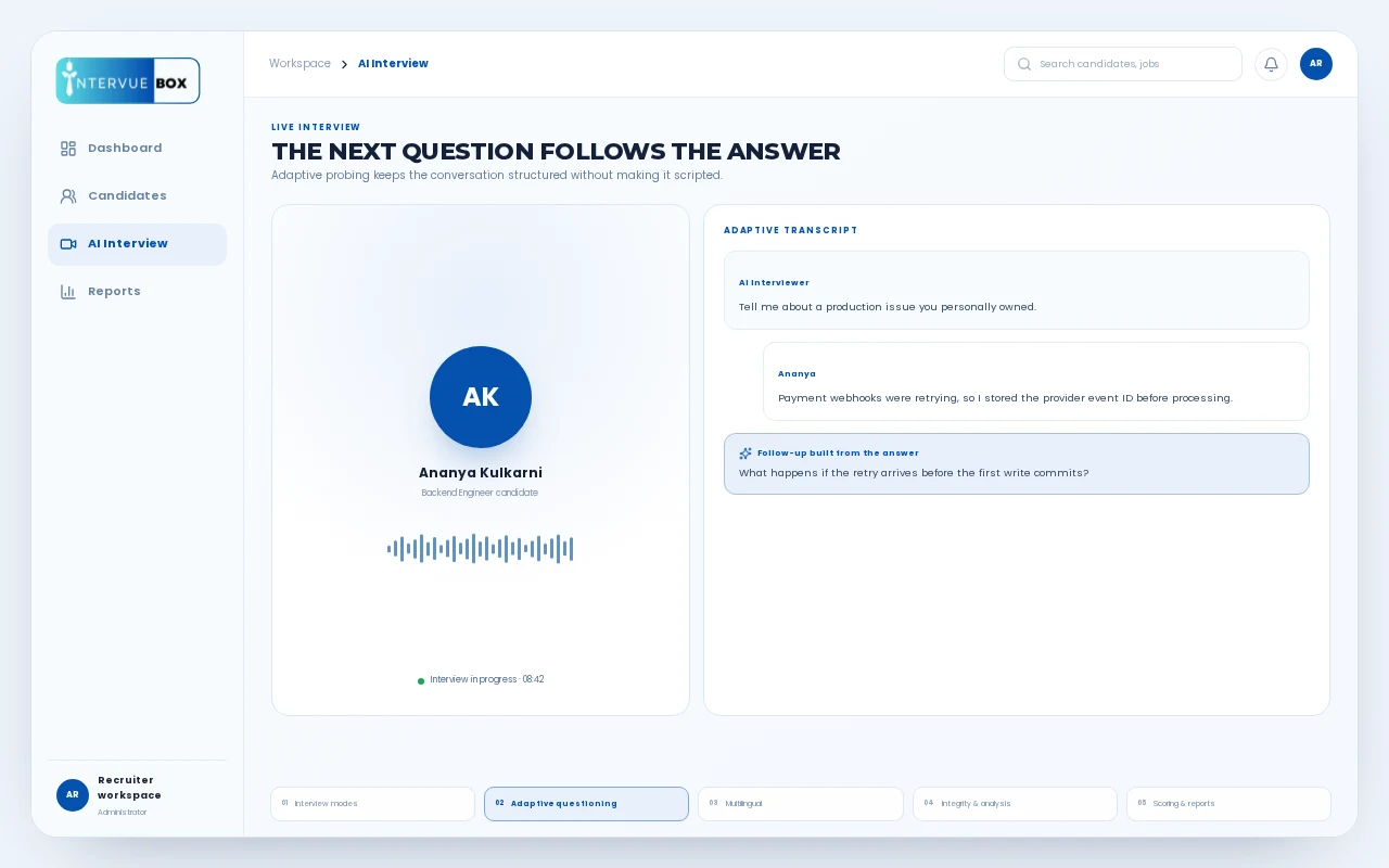 Live AI interview with an adaptive follow-up generated from a candidate answer