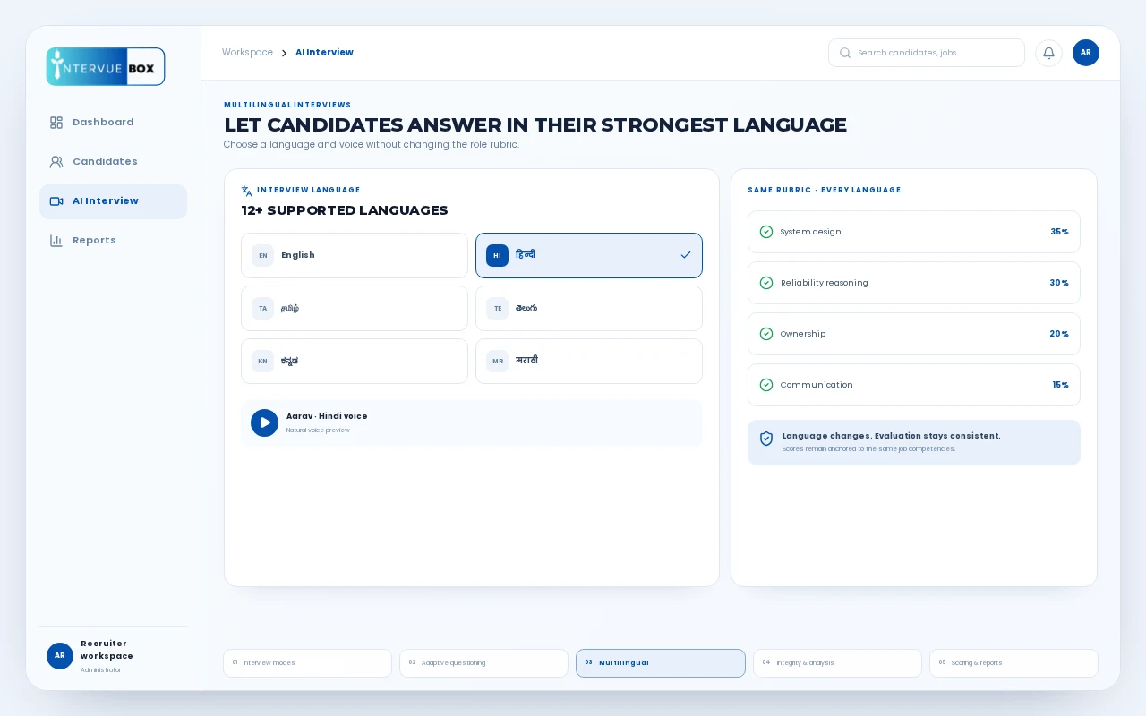 AI Interview language selector with Hindi voice preview and a consistent role rubric