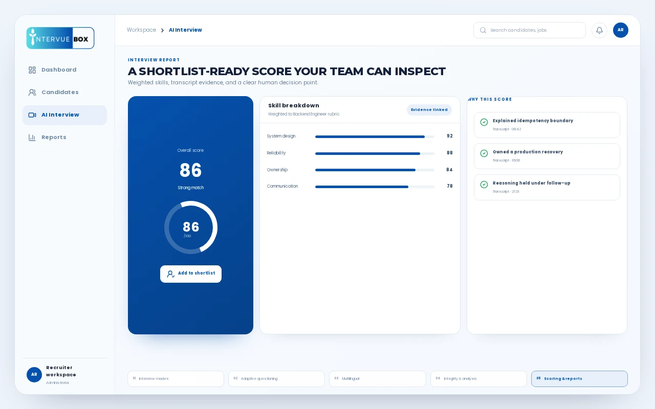 AI Interview report with weighted skill scores and transcript-linked evidence