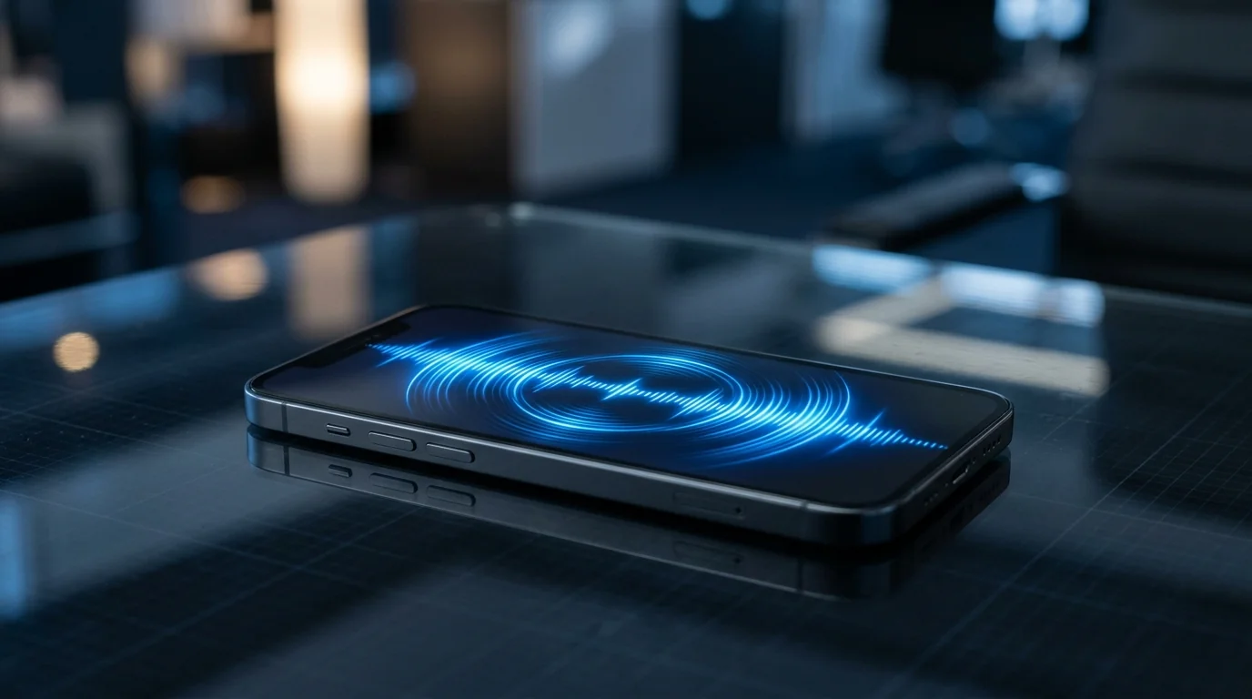 AI telephonic interview 2026 — smartphone displaying blue AI voice waveform on corporate desk, futuristic hiring technology concept