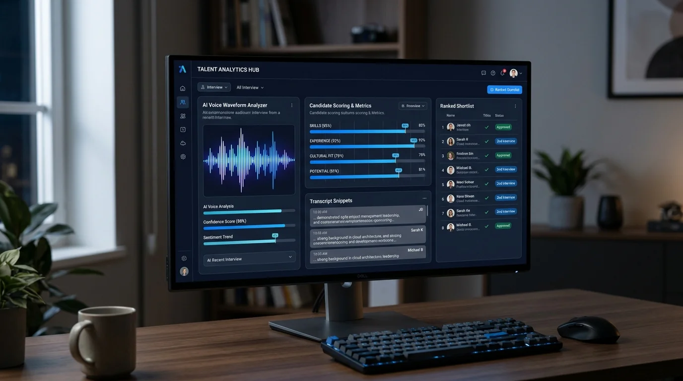 AI recruiting software dashboard showing voice waveform analysis, candidate scoring metrics, transcript snippets, and ranked shortlist with approval indicators