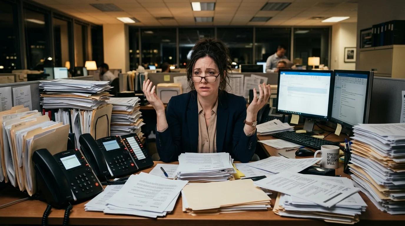 Recruiter overwhelmed by stacks of printed resumes and ringing phones, showing the limits of manual phone screening at scale