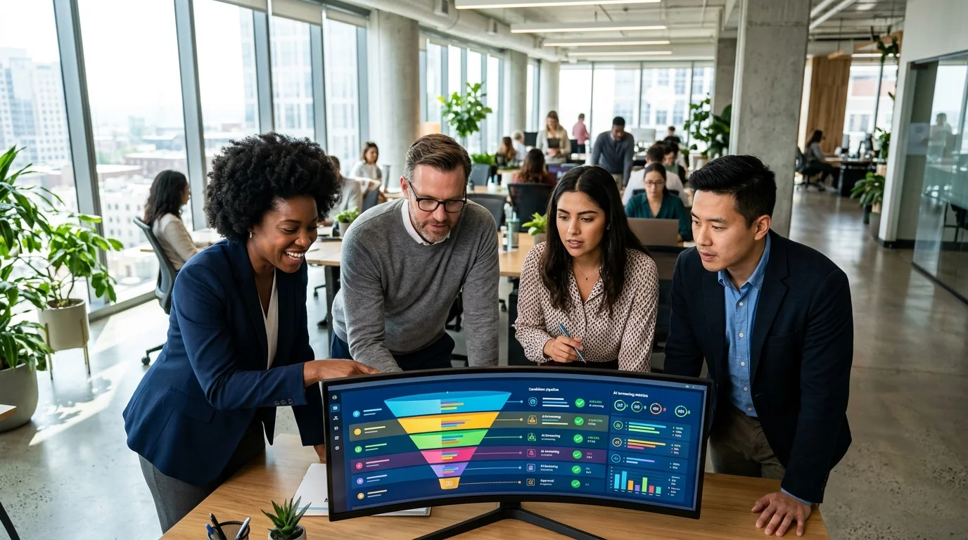 Diverse enterprise talent acquisition team reviewing an AI candidate pipeline funnel dashboard together in a bright modern office